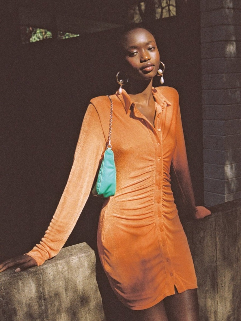 With Jean Orange Ruched Button-Up Top Size XS Long Sleeve Collared